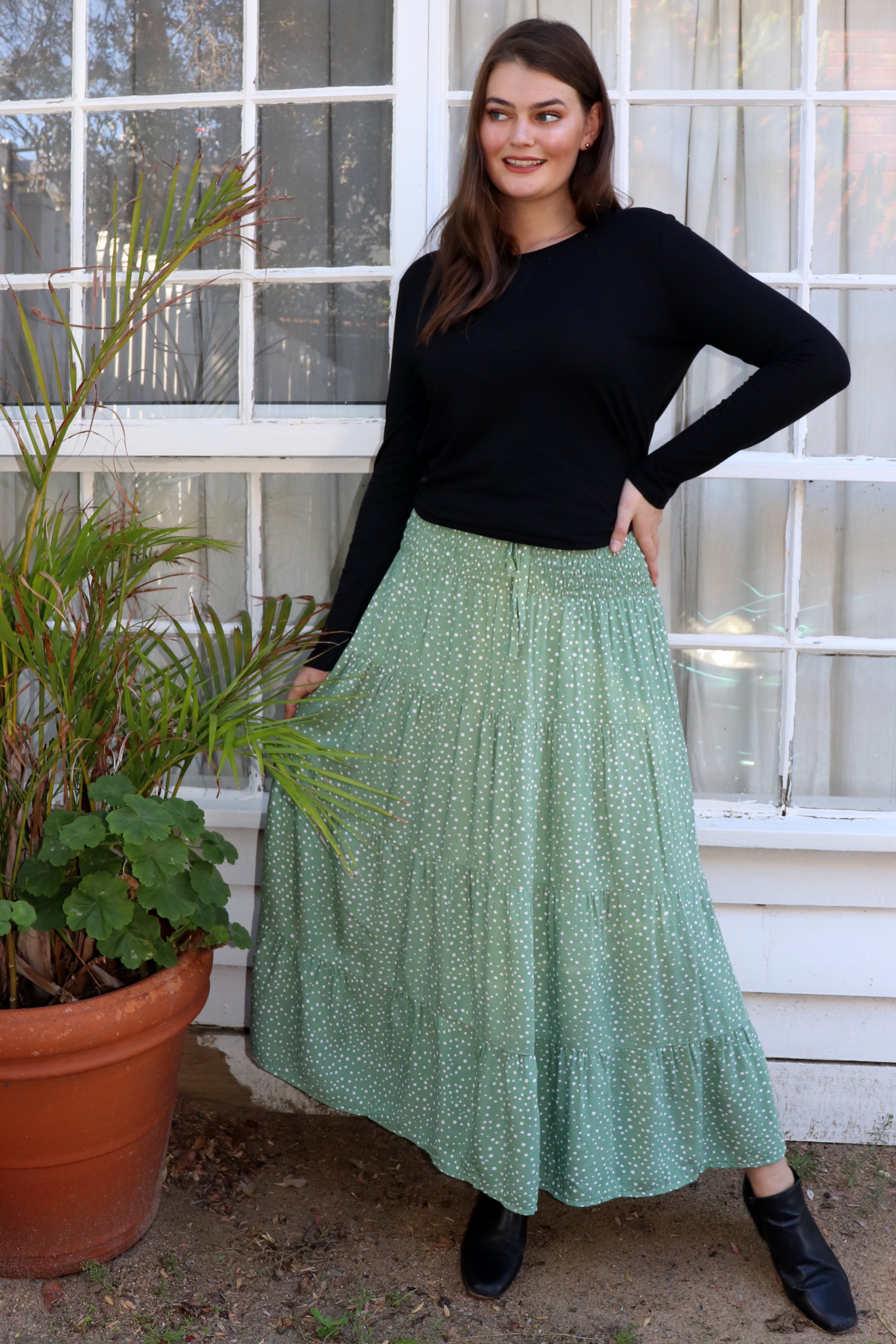 Green polka 2025 dot maxi skirt